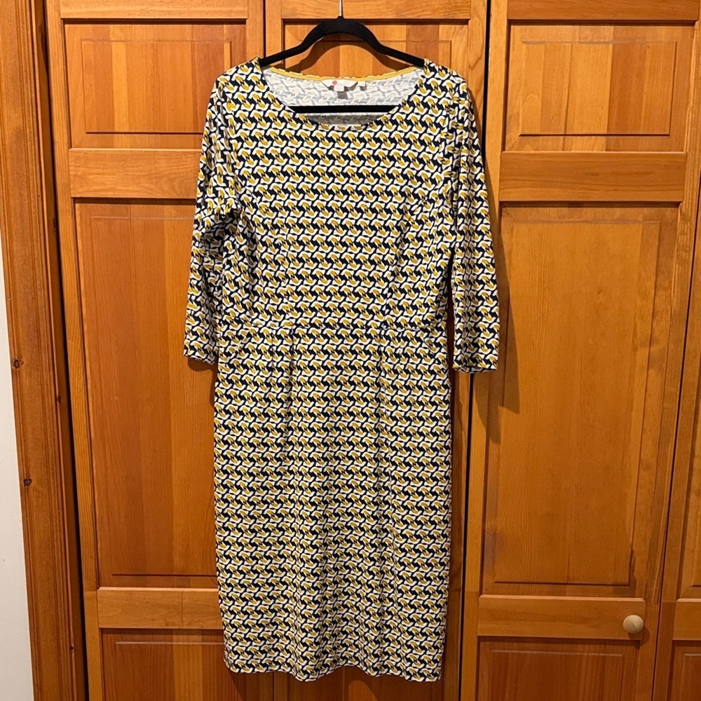 Boden Mustard Mix Geo Bird Print Soft Cotton Midi Dress